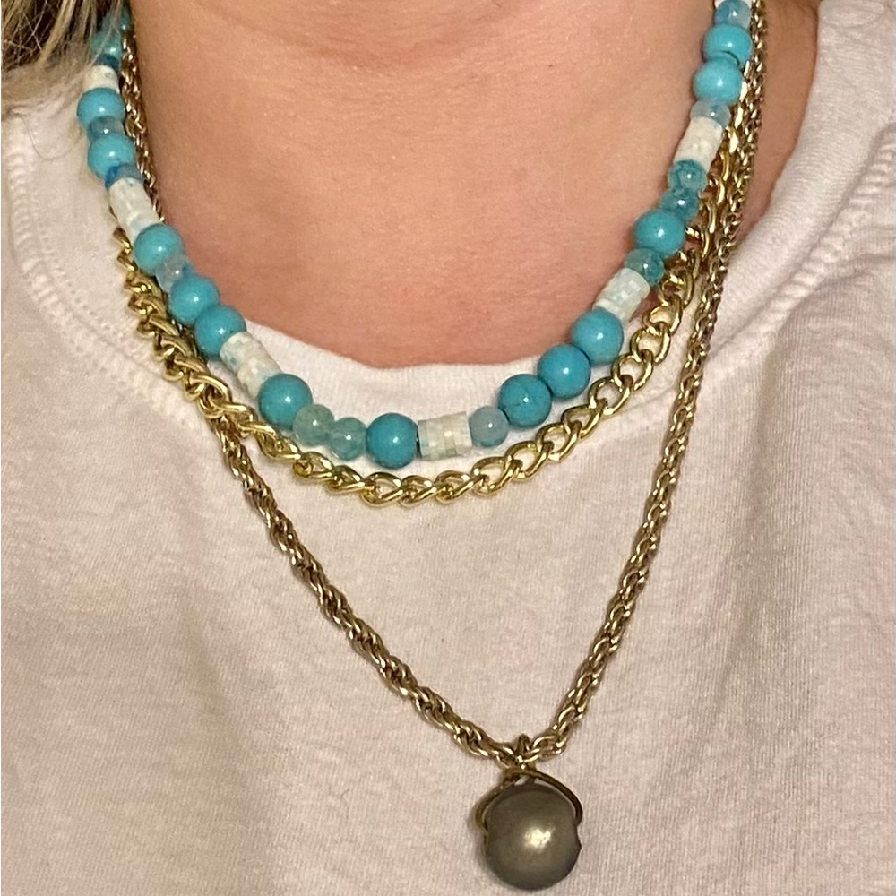 turquoise and pearl and gold and silver necklace